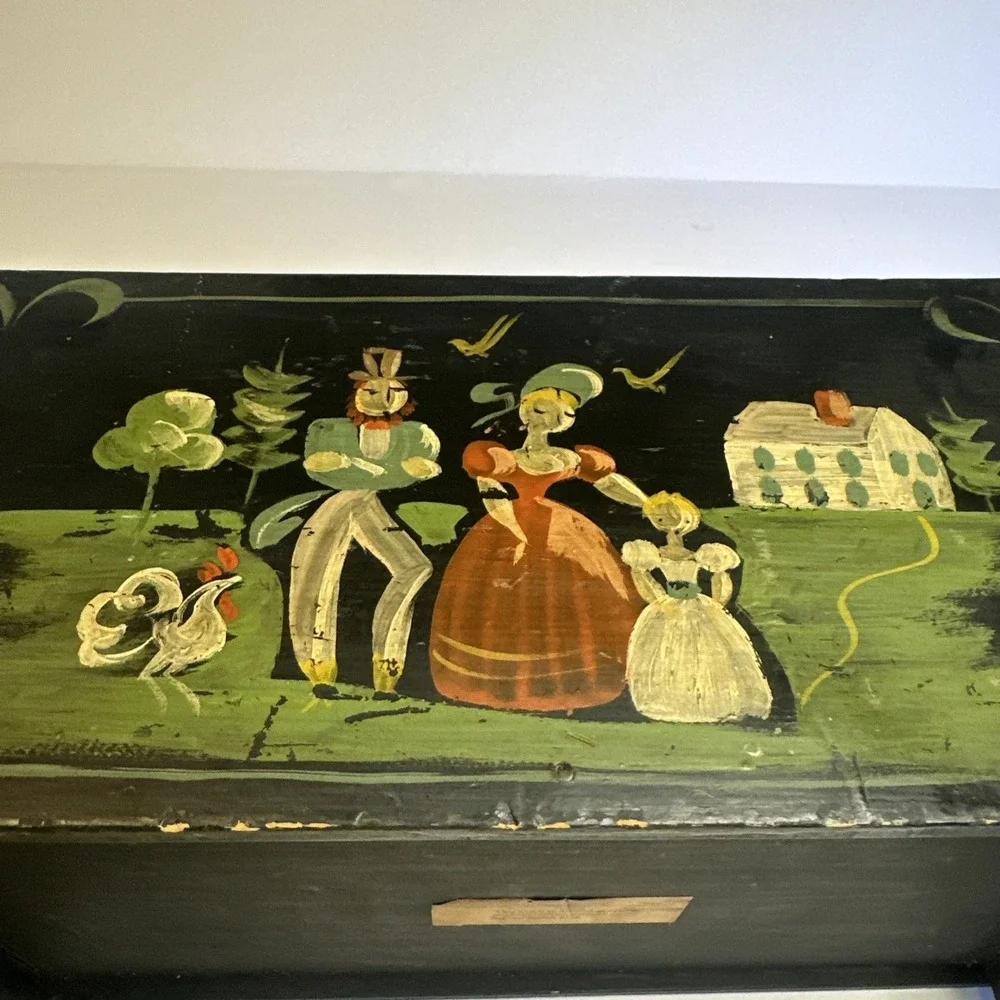 VTG Red House Woodworking Paint Decorated Miniature Blanket Chest Leather Hinges